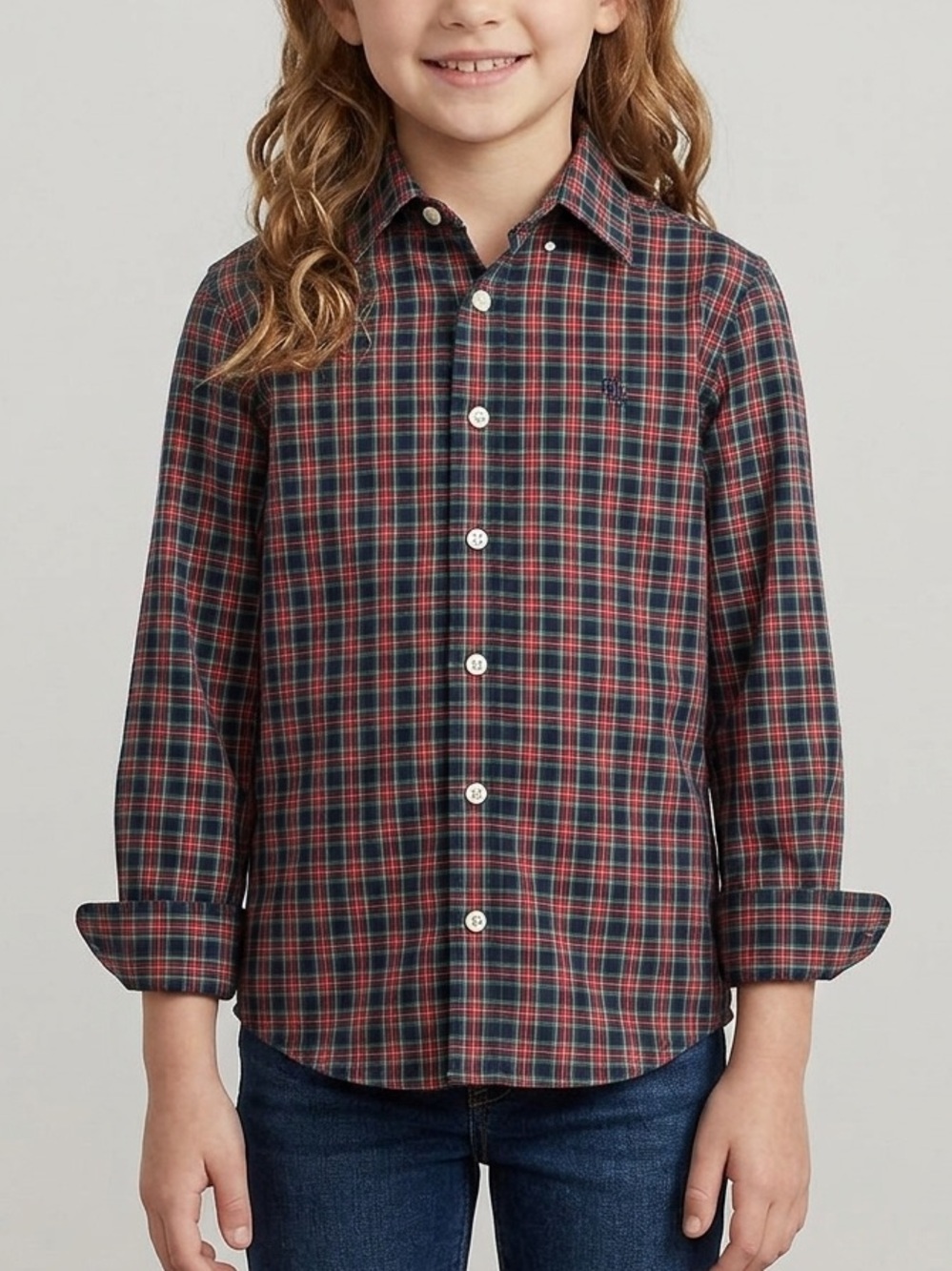 Lauren Ralph Lauren Girls' Red‎ & Navy Blue Plaid Button-Up Shirt Kids Size 12